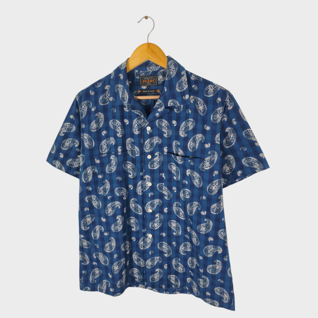BEAMS PLUS Men's Made in Japan Blue Paisley Print Camp Collar Vacation Shirt