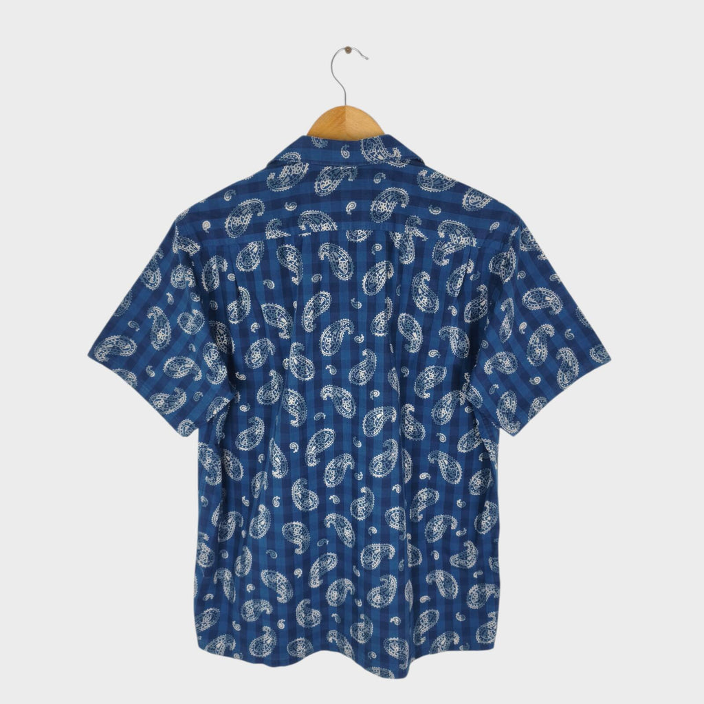 BEAMS PLUS Men's Made in Japan Blue Paisley Print Camp Collar Vacation Shirt