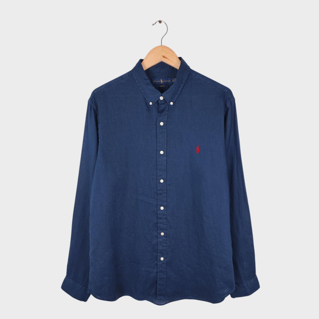 RALPH LAUREN Men's Navy Blue 100% Linen Embroidered Logo Shirt
