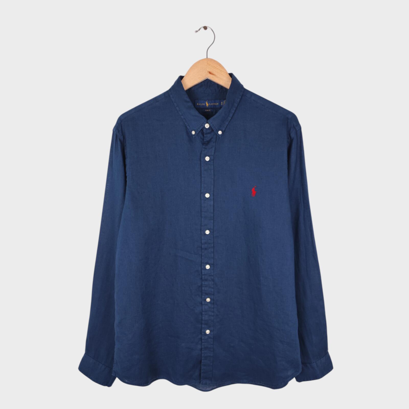 RALPH LAUREN Men's Navy Blue 100% Linen Embroidered Logo Shirt
