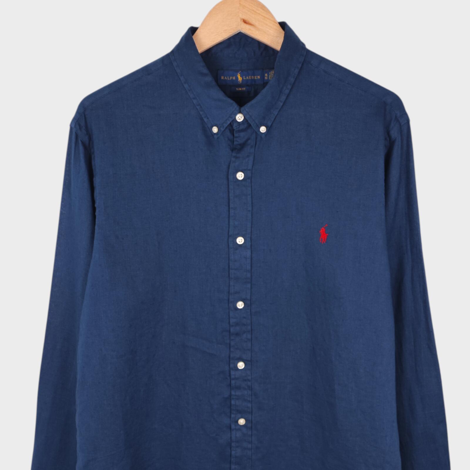 RALPH LAUREN Men's Navy Blue 100% Linen Embroidered Logo Shirt