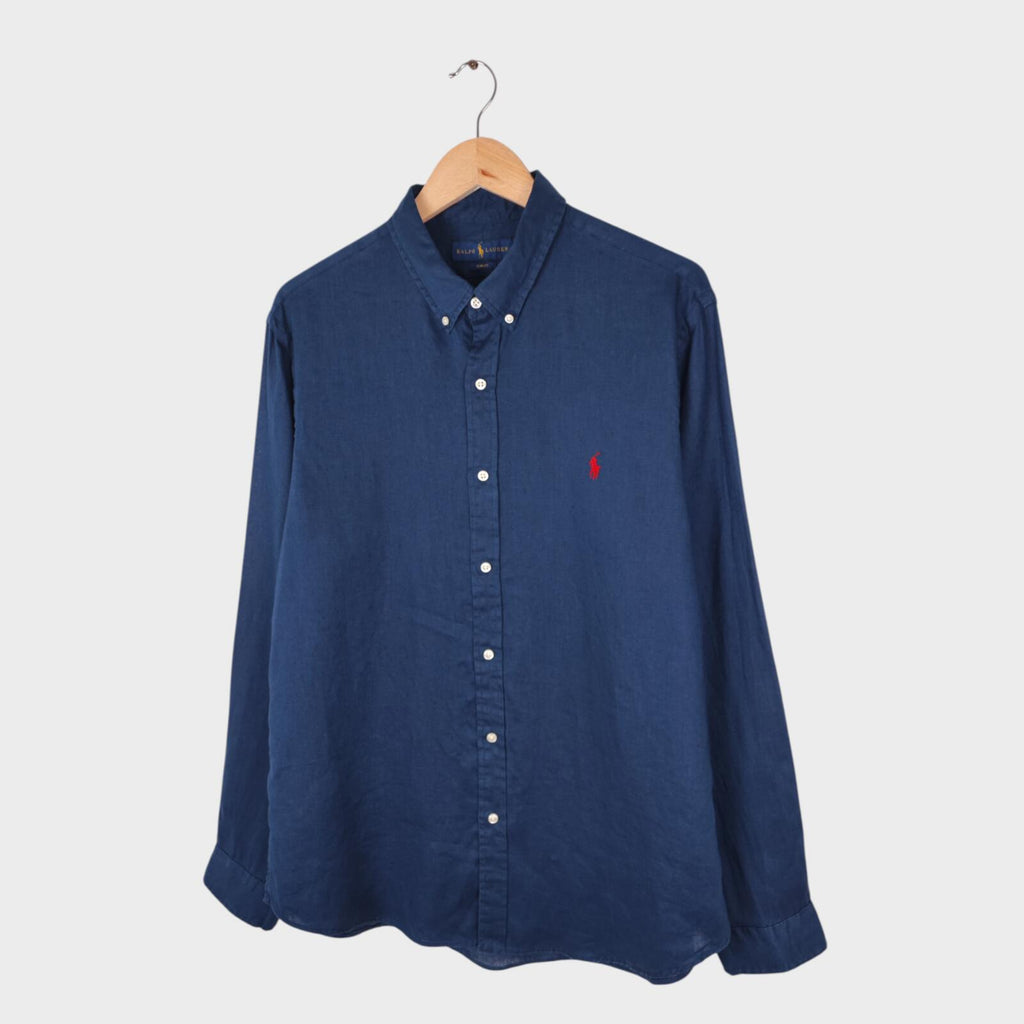RALPH LAUREN Men's Navy Blue 100% Linen Embroidered Logo Shirt
