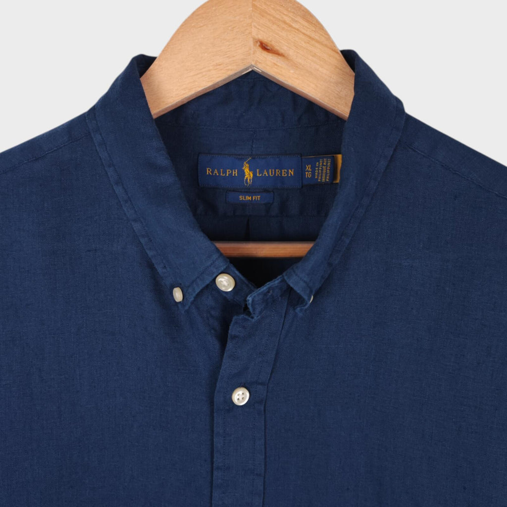 RALPH LAUREN Men's Navy Blue 100% Linen Embroidered Logo Shirt