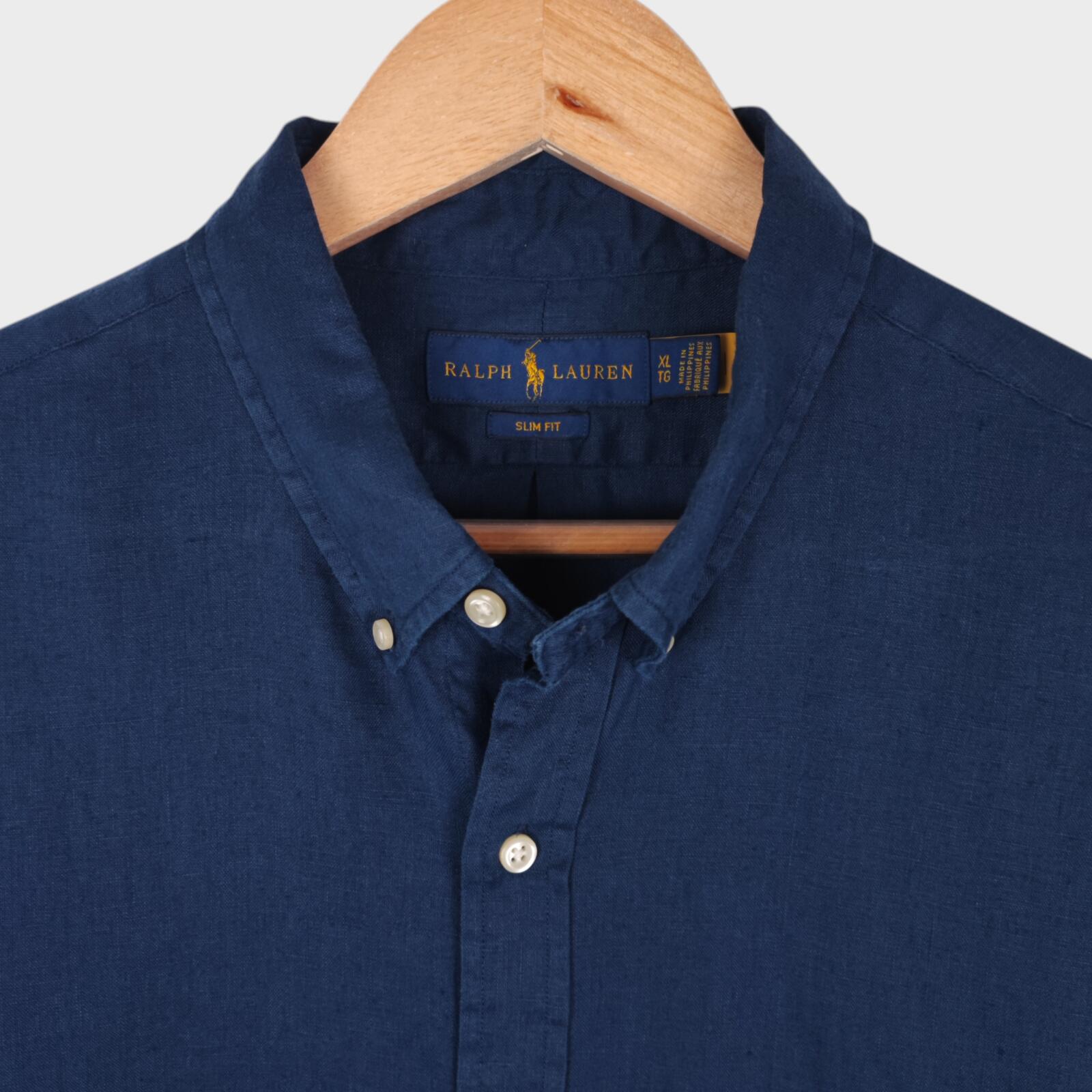 RALPH LAUREN Men's Navy Blue 100% Linen Embroidered Logo Shirt