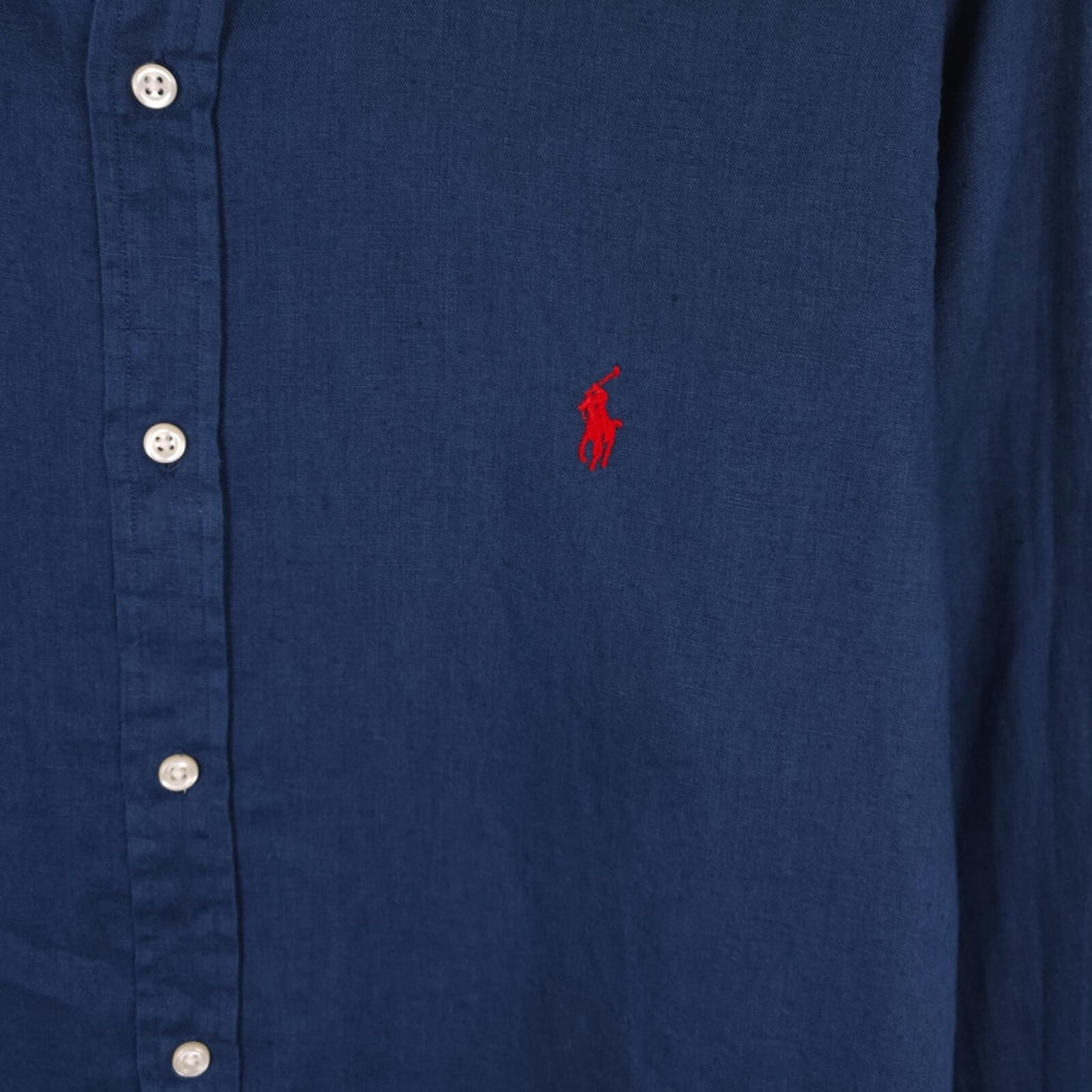 RALPH LAUREN Men's Navy Blue 100% Linen Embroidered Logo Shirt