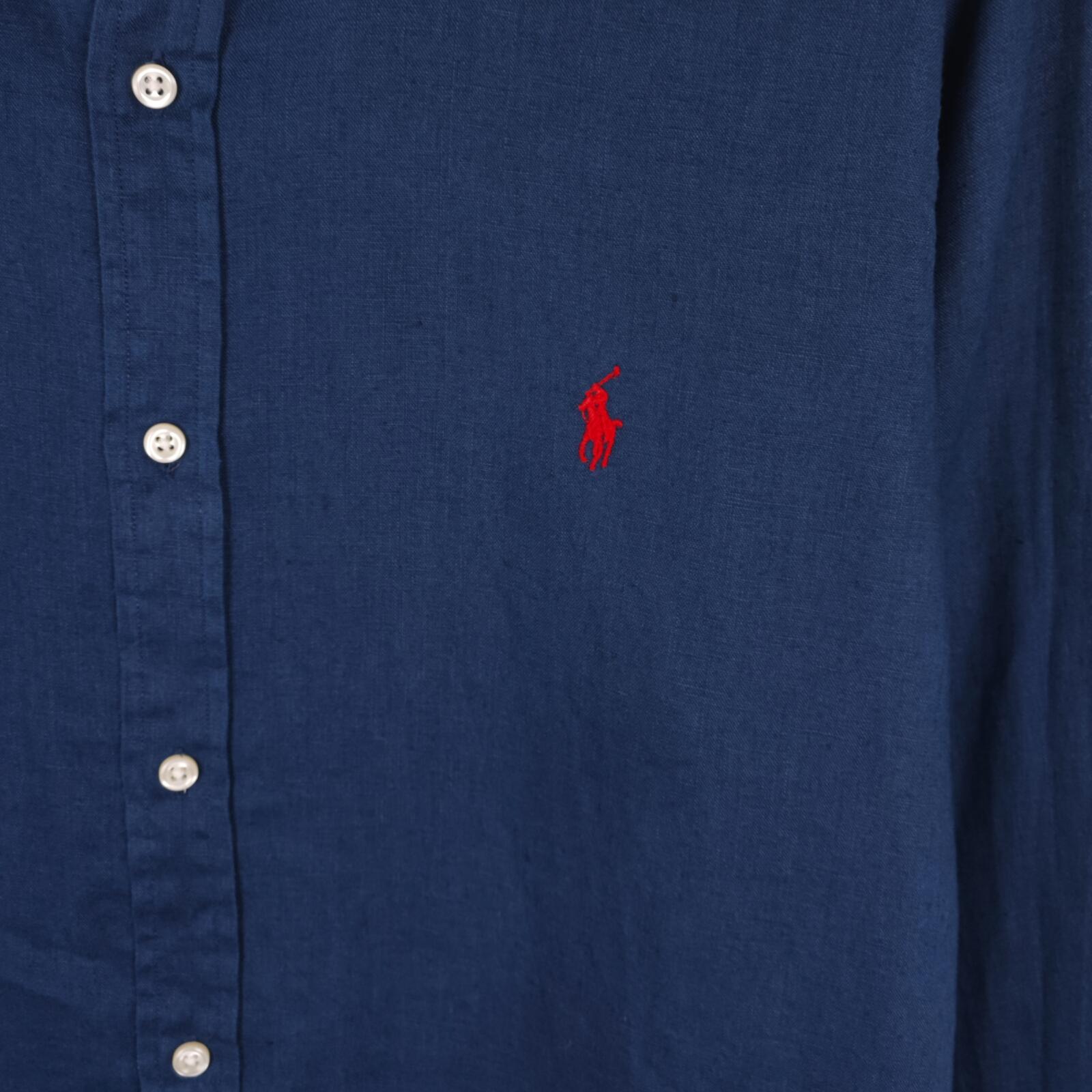 RALPH LAUREN Men's Navy Blue 100% Linen Embroidered Logo Shirt