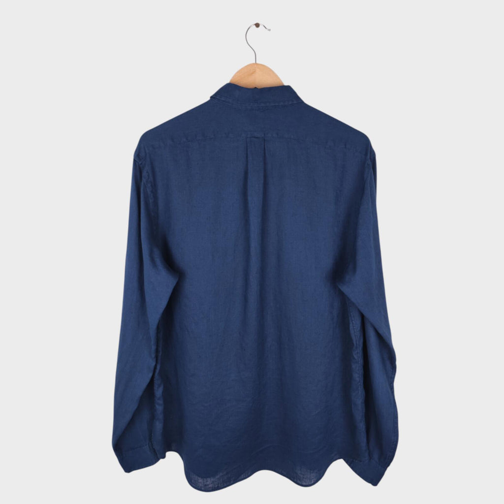 RALPH LAUREN Men's Navy Blue 100% Linen Embroidered Logo Shirt