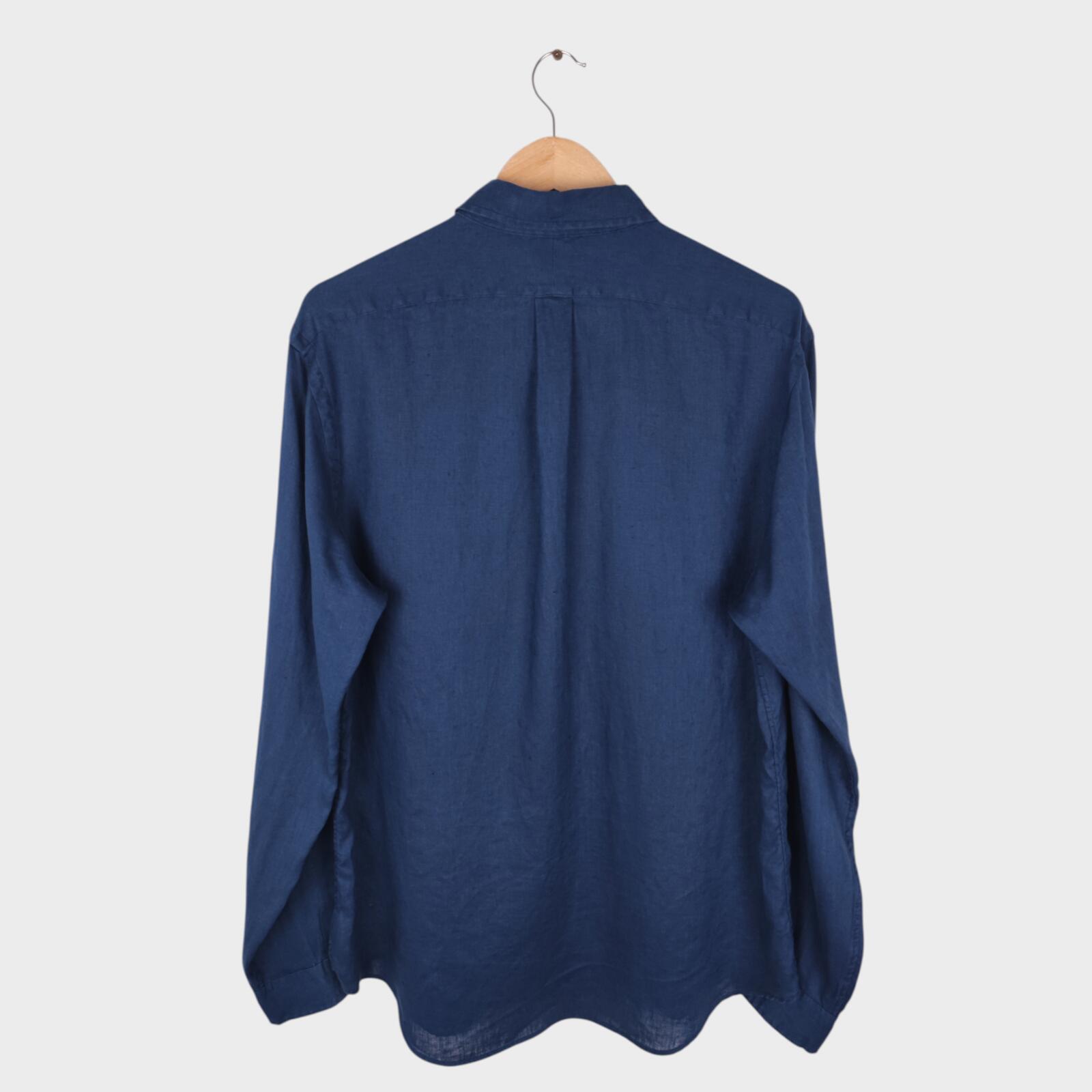 RALPH LAUREN Men's Navy Blue 100% Linen Embroidered Logo Shirt