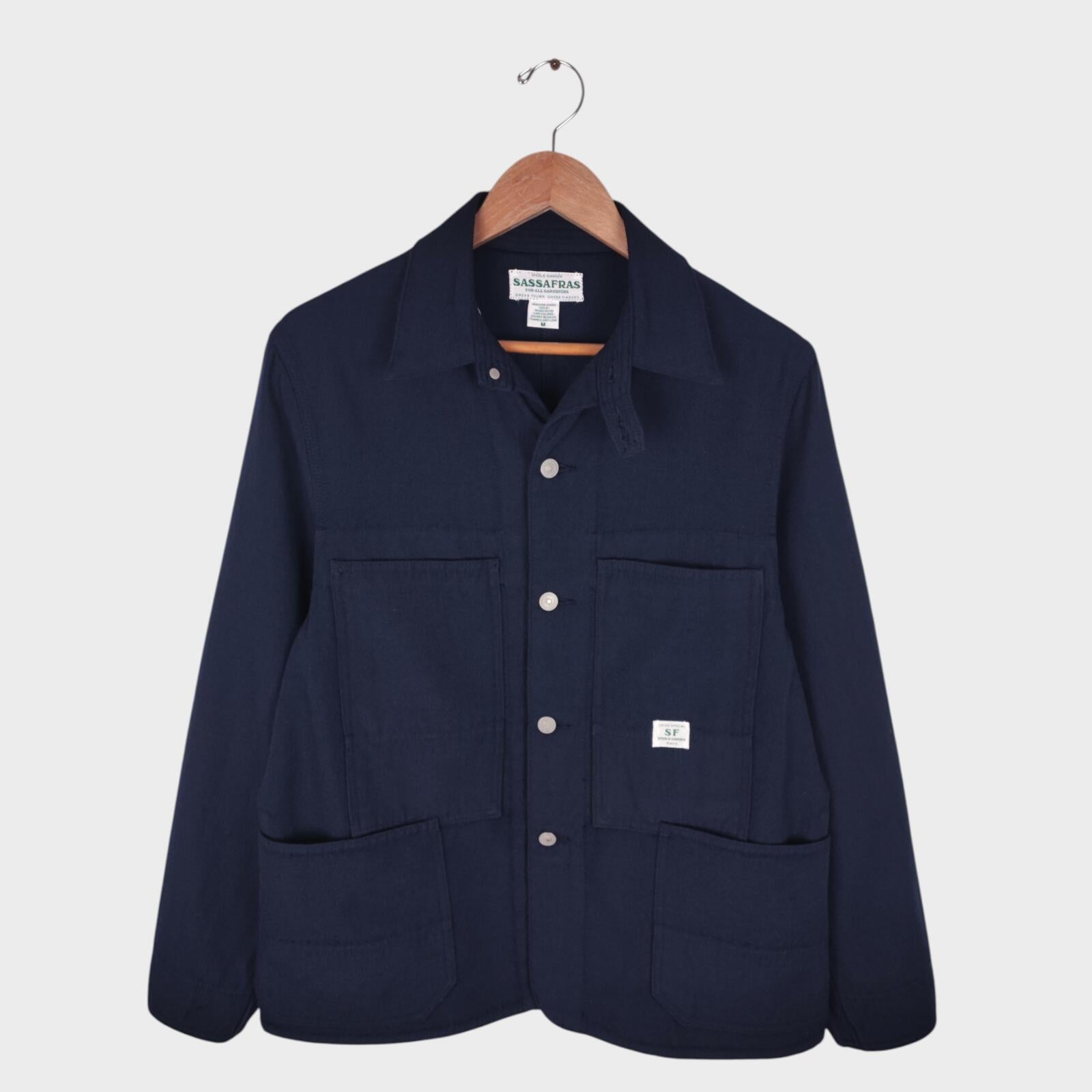 SASSAFRAS Men's Made in Japan Navy Blue 100% Wool Transplant Chore Jacket