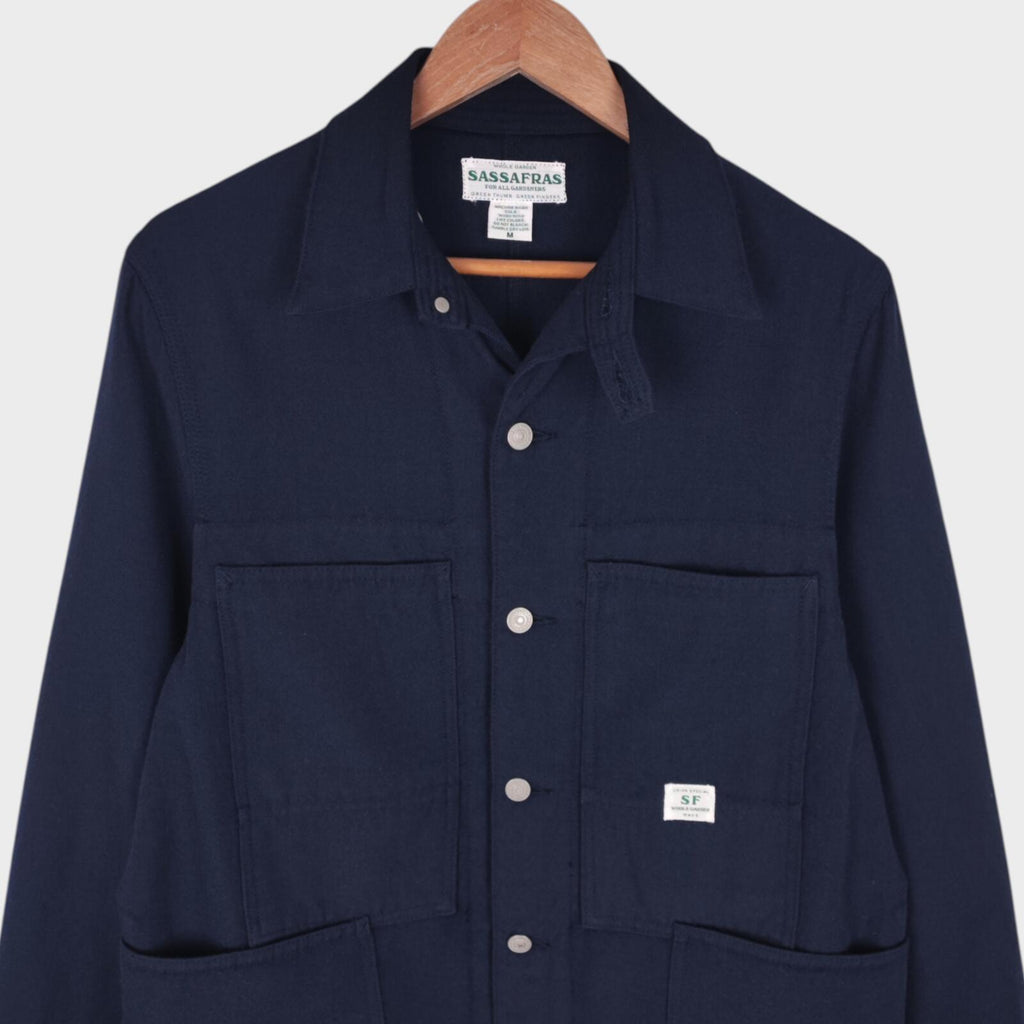 SASSAFRAS Men's Made in Japan Navy Blue 100% Wool Transplant Chore Jacket