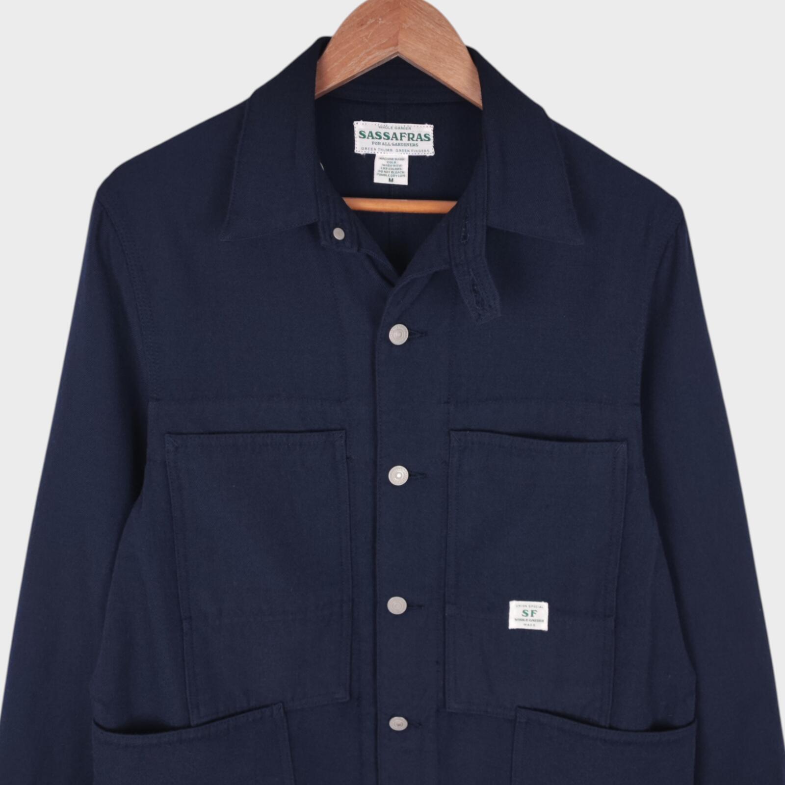 SASSAFRAS Men's Made in Japan Navy Blue 100% Wool Transplant Chore Jacket