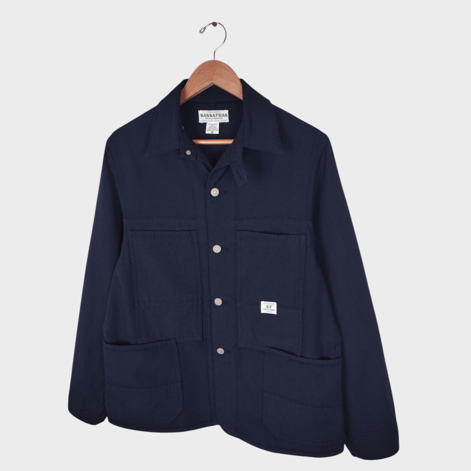 SASSAFRAS Men's Made in Japan Navy Blue 100% Wool Transplant Chore Jacket