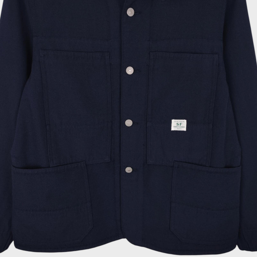 SASSAFRAS Men's Made in Japan Navy Blue 100% Wool Transplant Chore Jacket