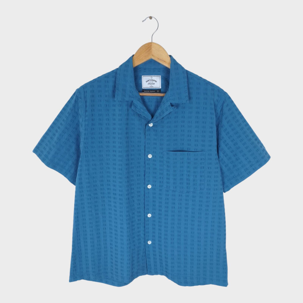 PORTUGUESE FLANNEL Men's Blue Seersucker Camp Collar Vacation Shirt