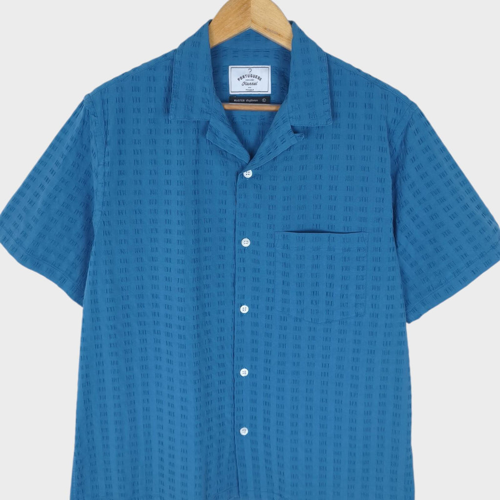 PORTUGUESE FLANNEL Men's Blue Seersucker Camp Collar Vacation Shirt