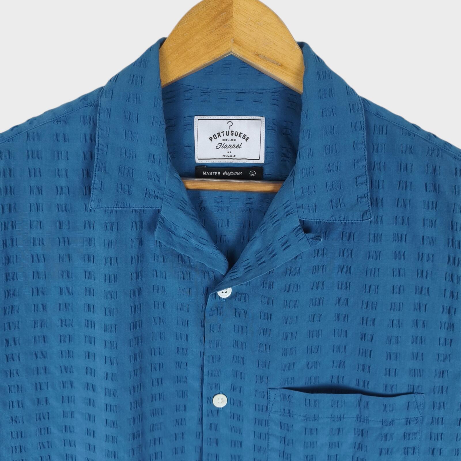 PORTUGUESE FLANNEL Men's Blue Seersucker Camp Collar Vacation Shirt