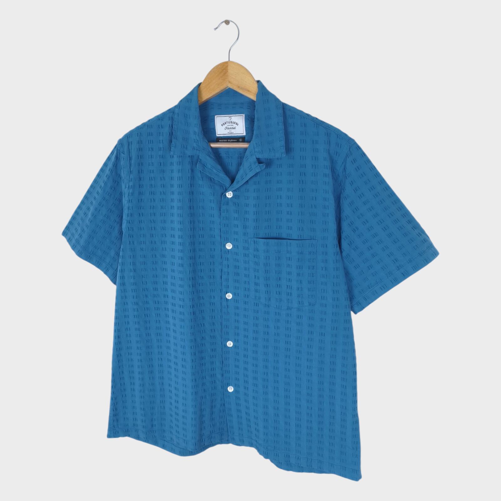 PORTUGUESE FLANNEL Men's Blue Seersucker Camp Collar Vacation Shirt