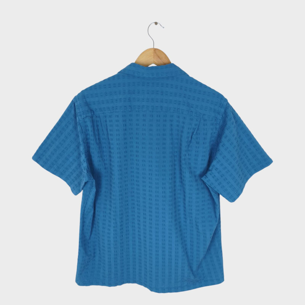 PORTUGUESE FLANNEL Men's Blue Seersucker Camp Collar Vacation Shirt