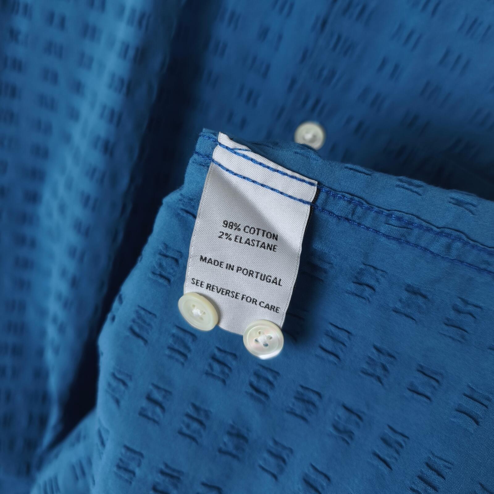 PORTUGUESE FLANNEL Men's Blue Seersucker Camp Collar Vacation Shirt