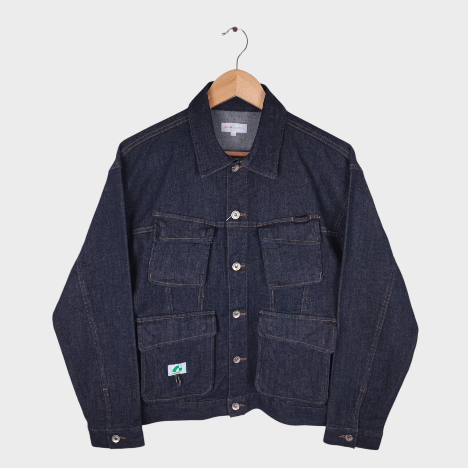 BEAMS Men's Dark Blue Cropped Denim Utility Chore Jacket