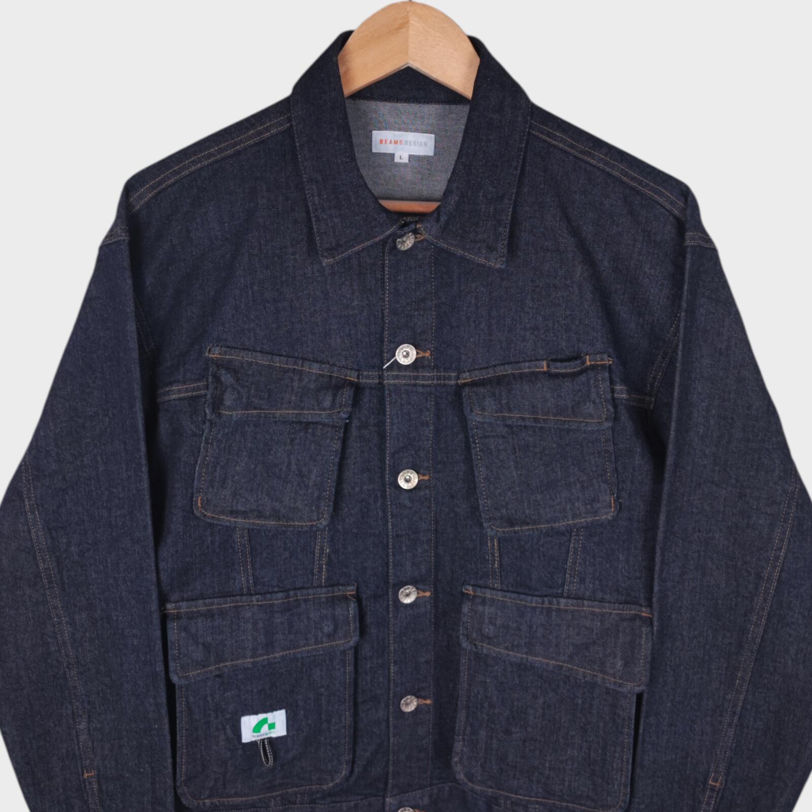 BEAMS Men's Dark Blue Cropped Denim Utility Chore Jacket