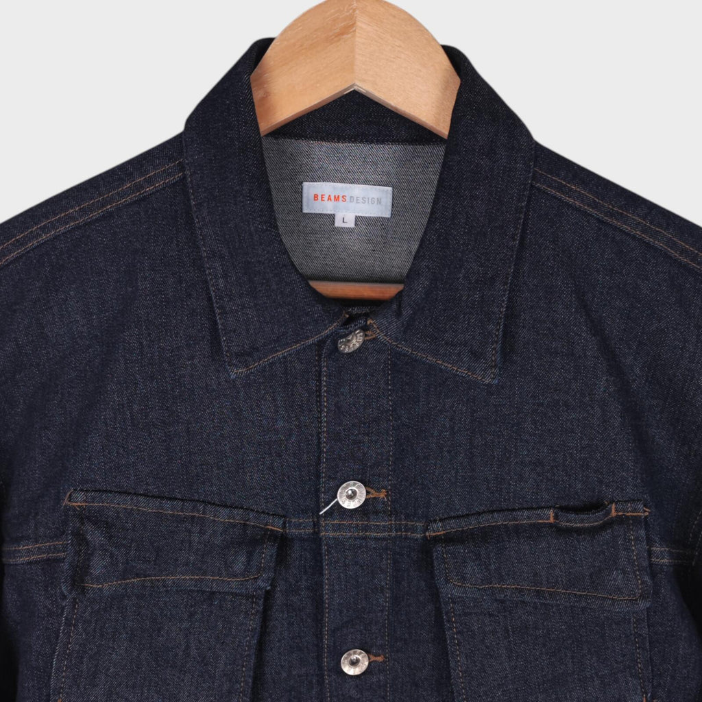 BEAMS Men's Dark Blue Cropped Denim Utility Chore Jacket