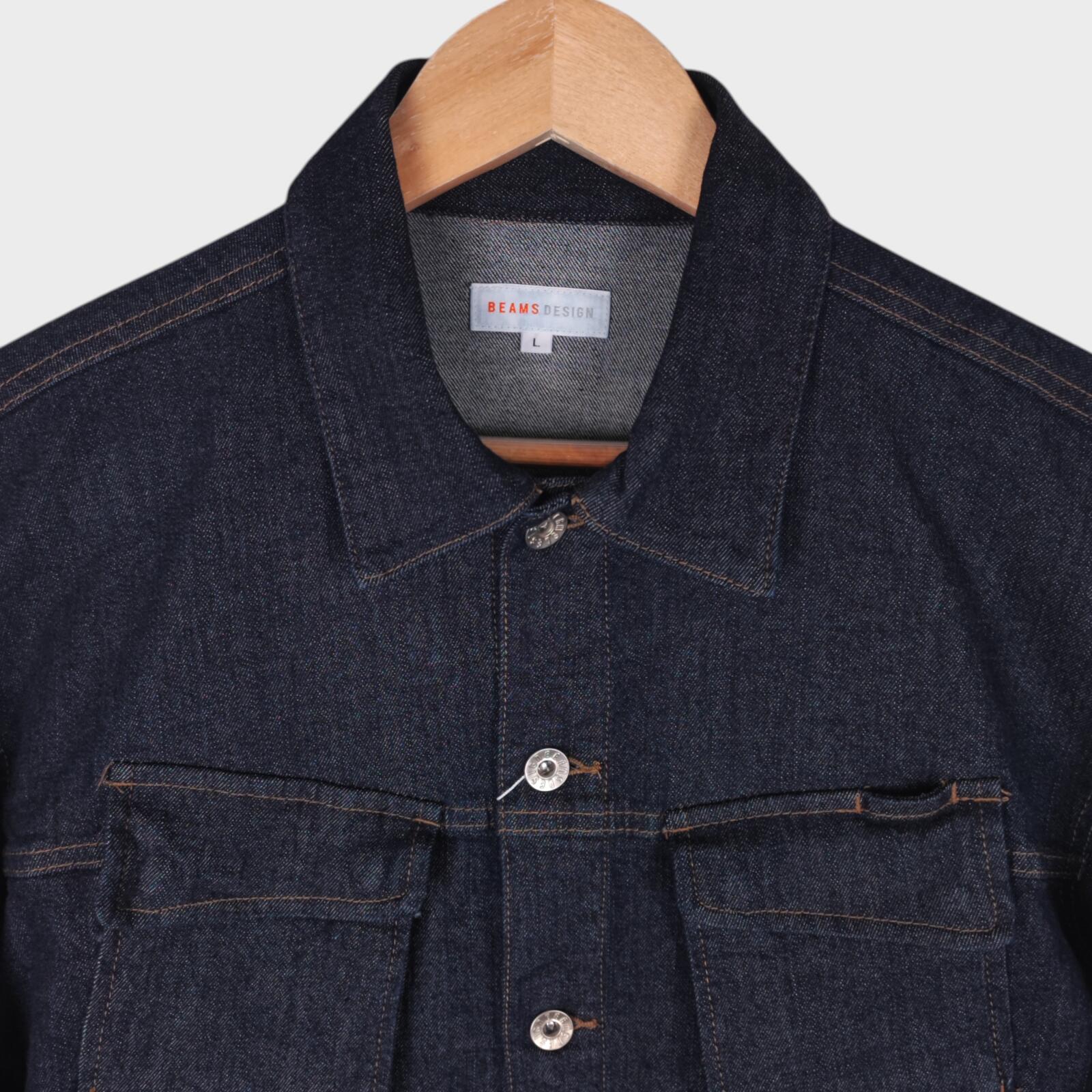 BEAMS Men's Dark Blue Cropped Denim Utility Chore Jacket