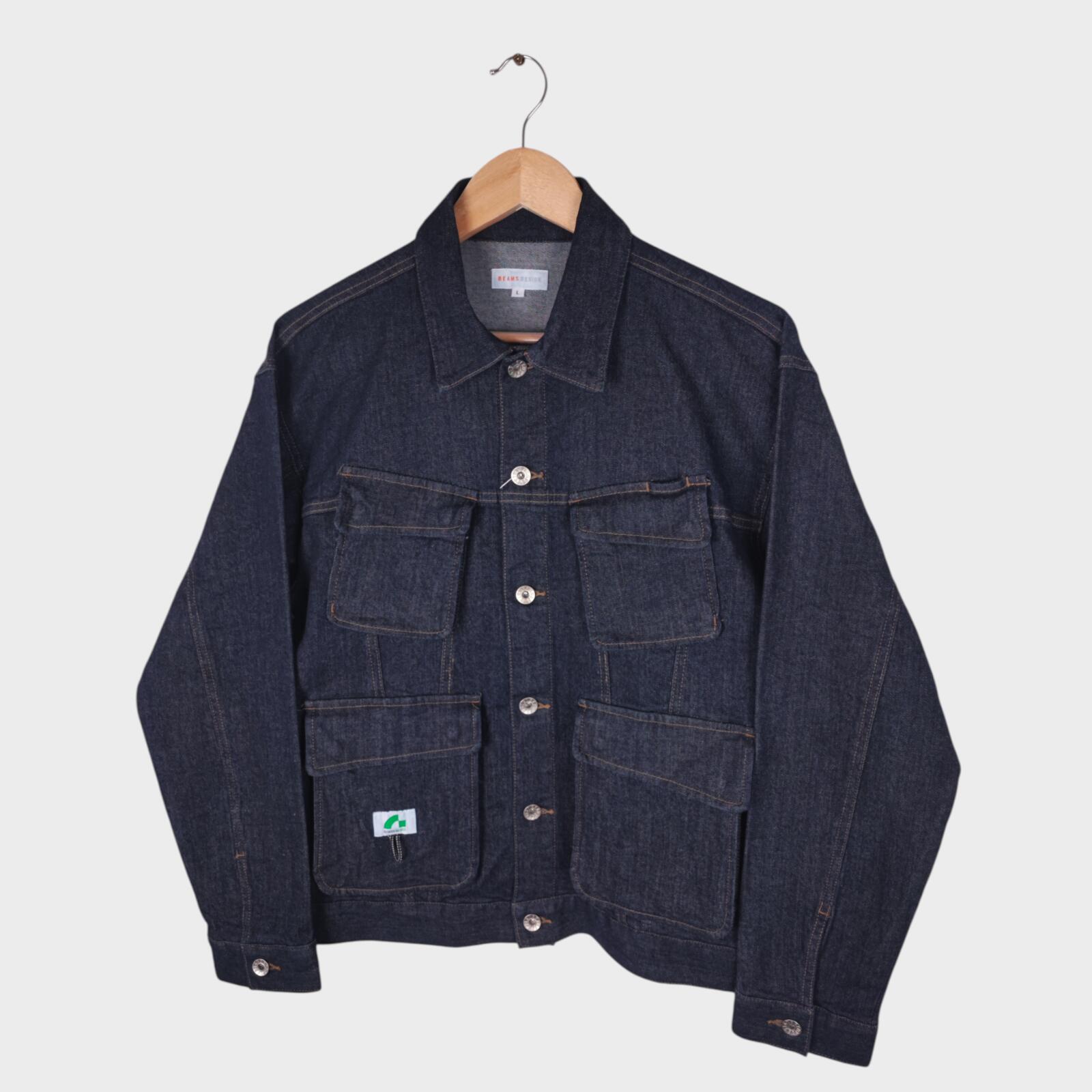 BEAMS Men's Dark Blue Cropped Denim Utility Chore Jacket