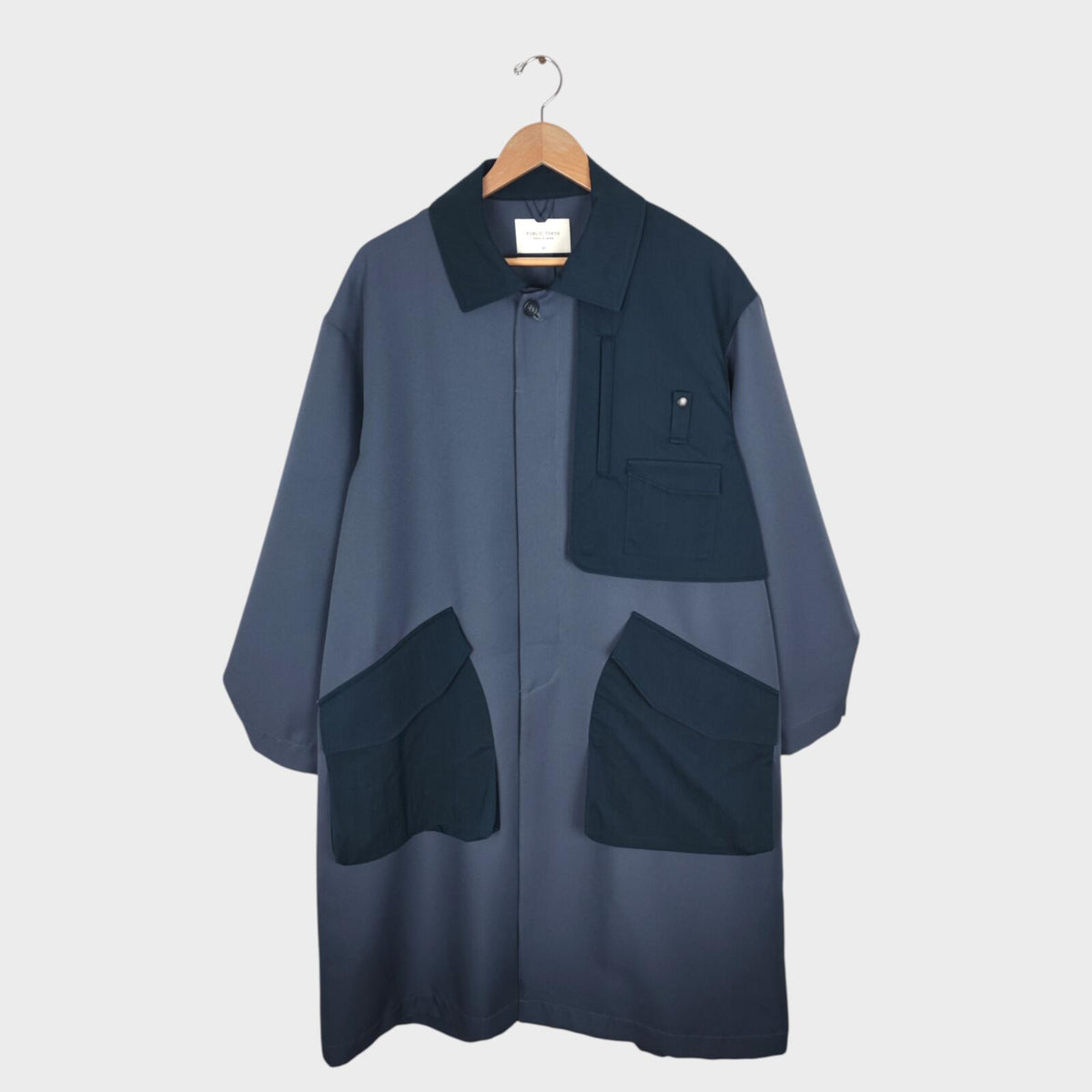 PUBLIC TOKYO Men's Slate Blue Made in Japan Multi Gun Flap Coat