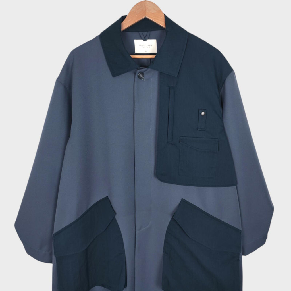 PUBLIC TOKYO Men's Slate Blue Made in Japan Multi Gun Flap Coat