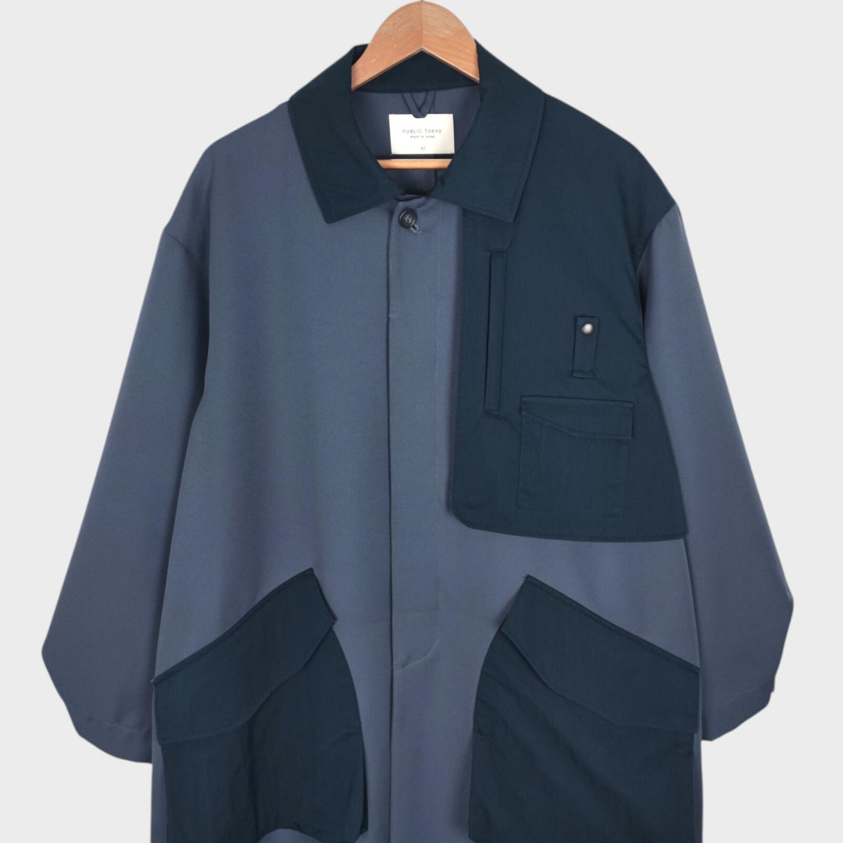 PUBLIC TOKYO Men's Slate Blue Made in Japan Multi Gun Flap Coat