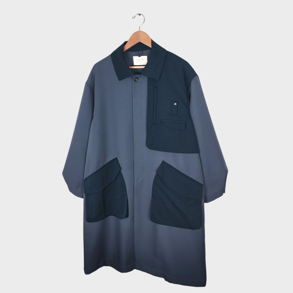 PUBLIC TOKYO Men's Slate Blue Made in Japan Multi Gun Flap Coat