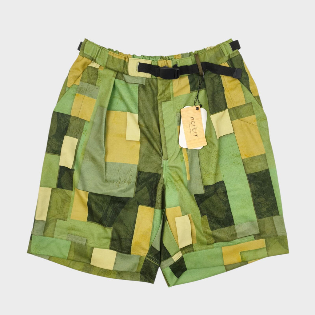 NORBIT BY HIROSHI NOZAWA Men's Green Geometric Print Aloha Shorts