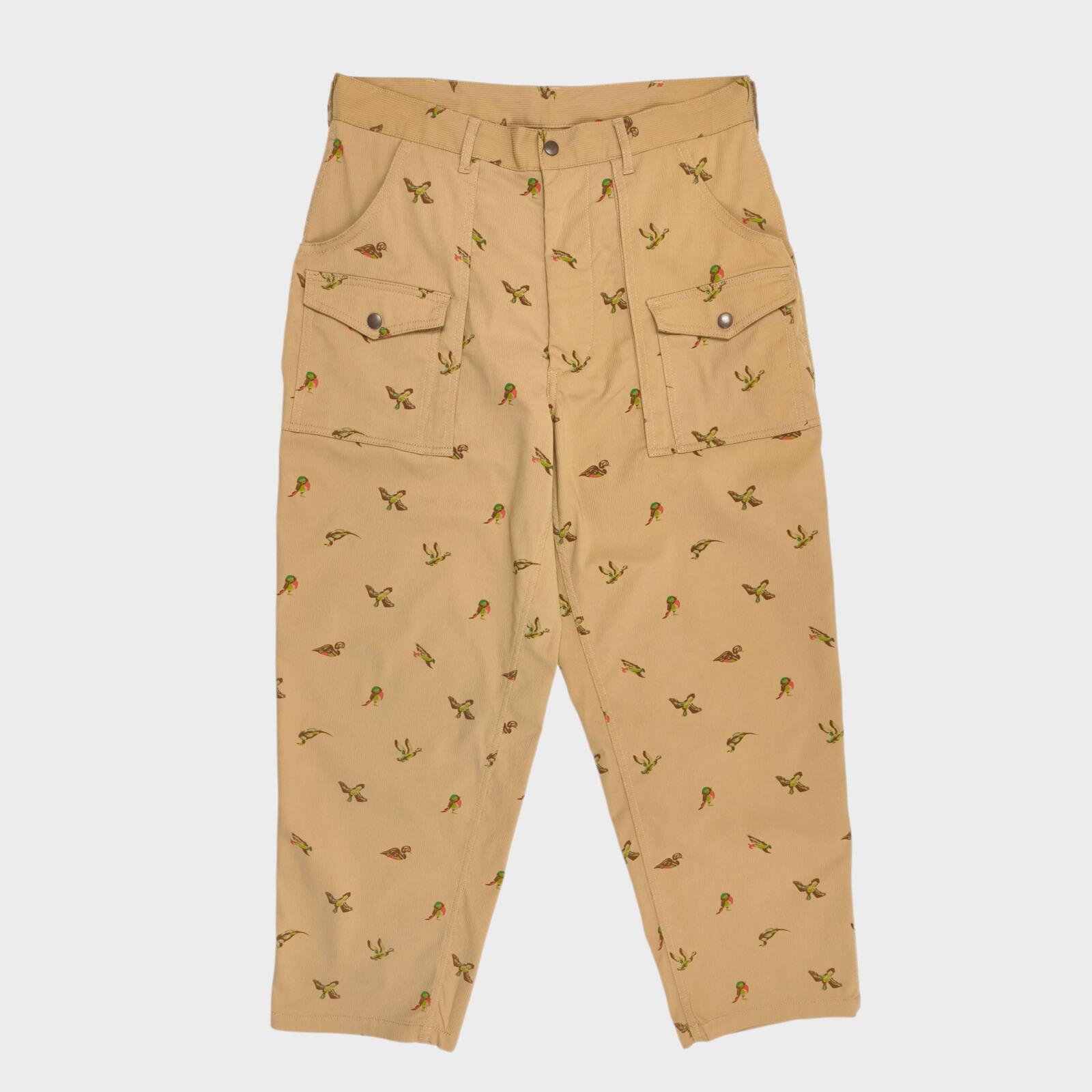 BEAMS PLUS Men's Beige Bird Print Corduroy Bush Cargo Trousers