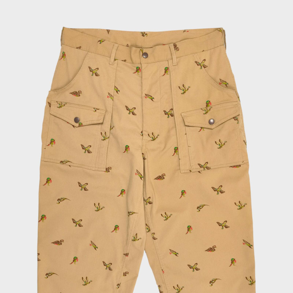 BEAMS PLUS Men's Beige Bird Print Corduroy Bush Cargo Trousers