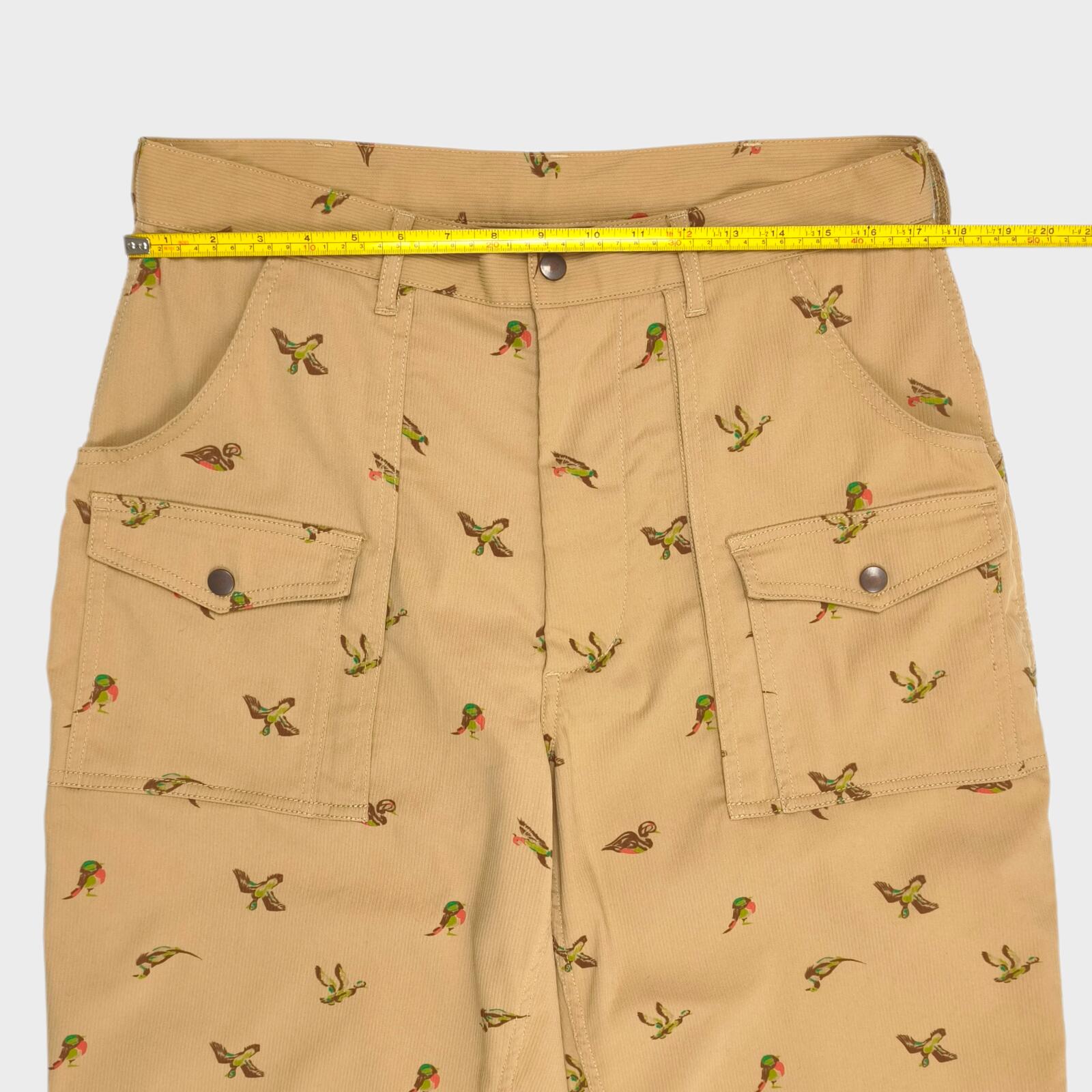 BEAMS PLUS Men's Beige Bird Print Corduroy Bush Cargo Trousers