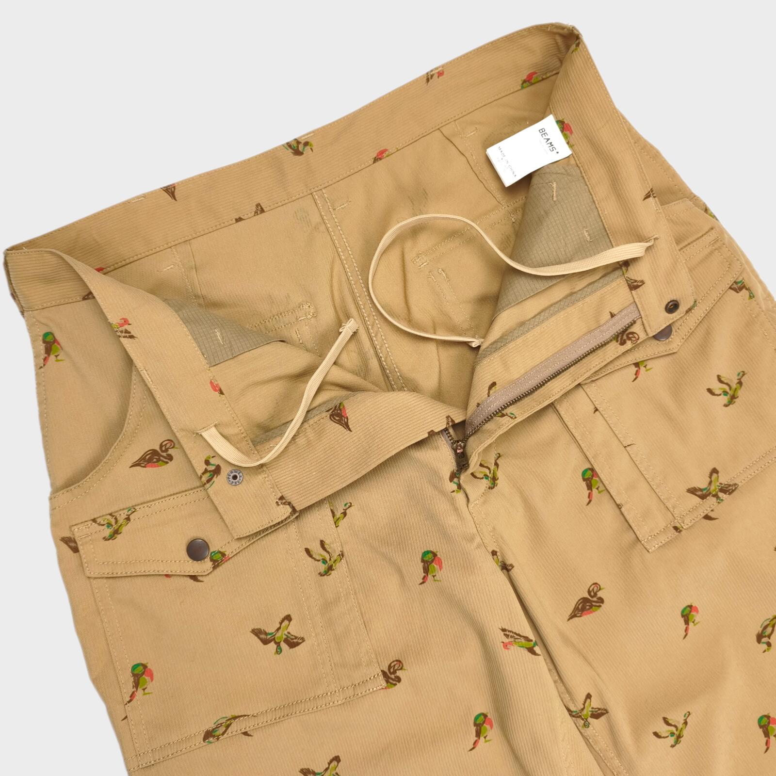 BEAMS PLUS Men's Beige Bird Print Corduroy Bush Cargo Trousers