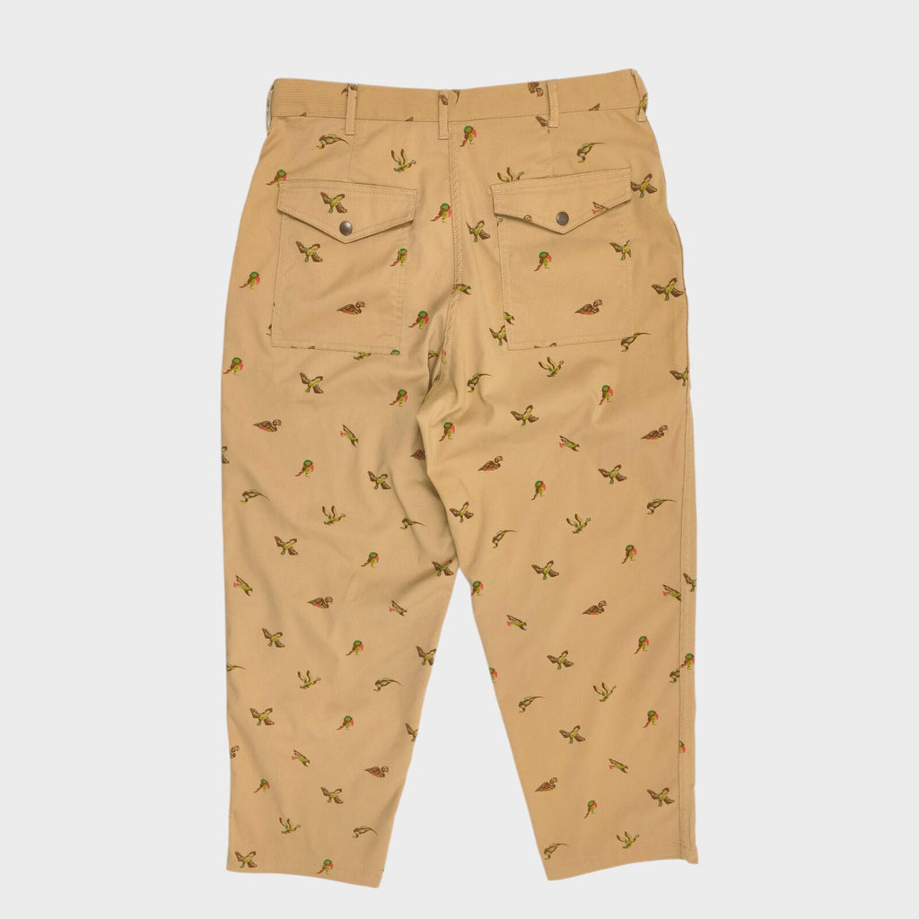 BEAMS PLUS Men's Beige Bird Print Corduroy Bush Cargo Trousers