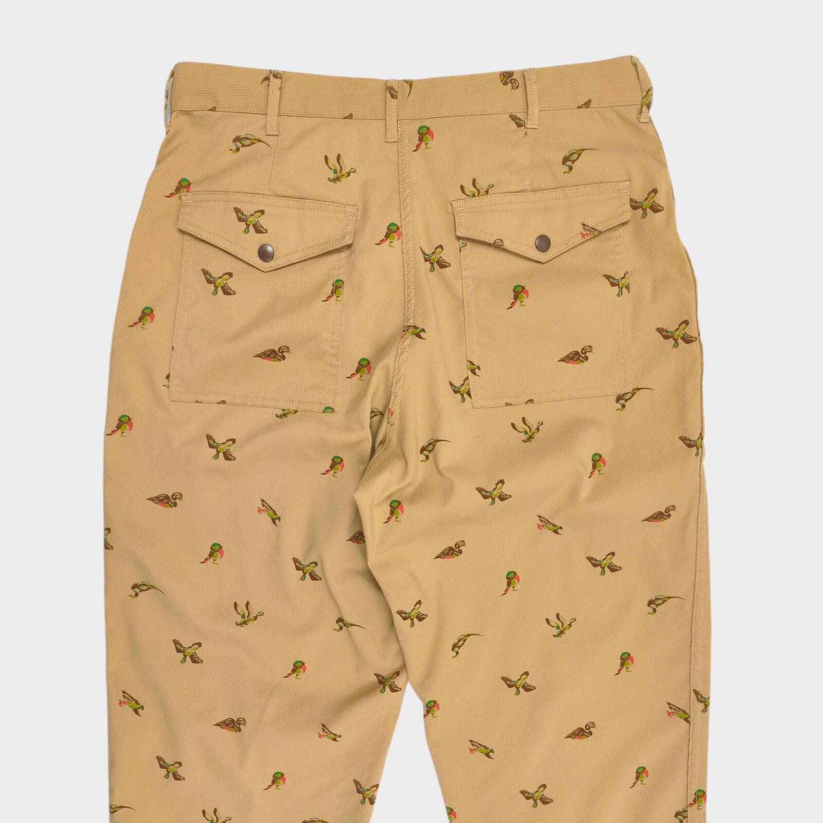 BEAMS PLUS Men's Beige Bird Print Corduroy Bush Cargo Trousers