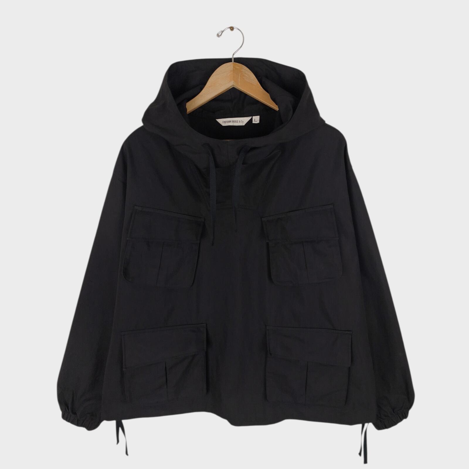 UNIFORM BRIDGE Men's Black Cotton Blend Military Fatigue Hooded Smock Jacket