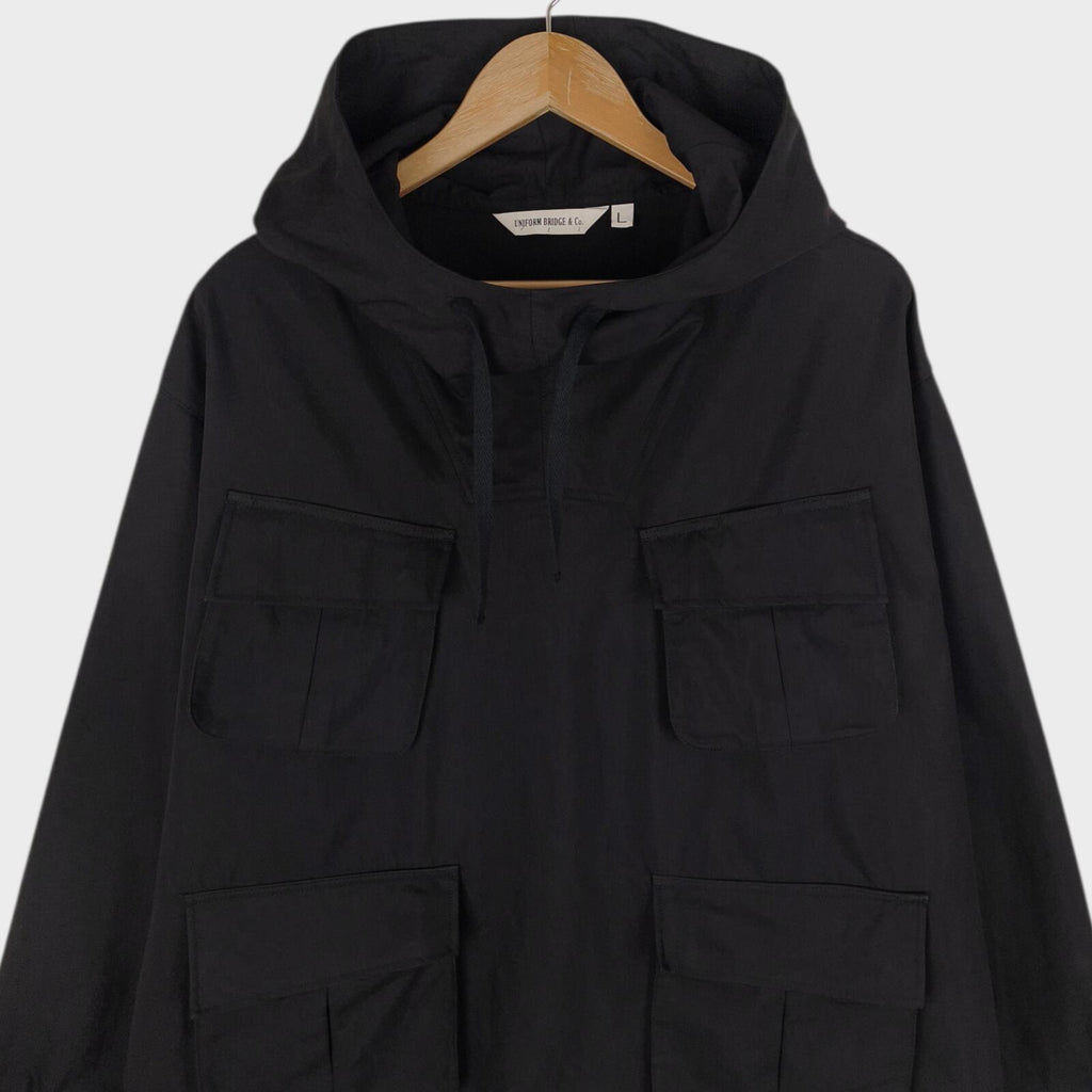 UNIFORM BRIDGE Men's Black Cotton Blend Military Fatigue Hooded Smock Jacket
