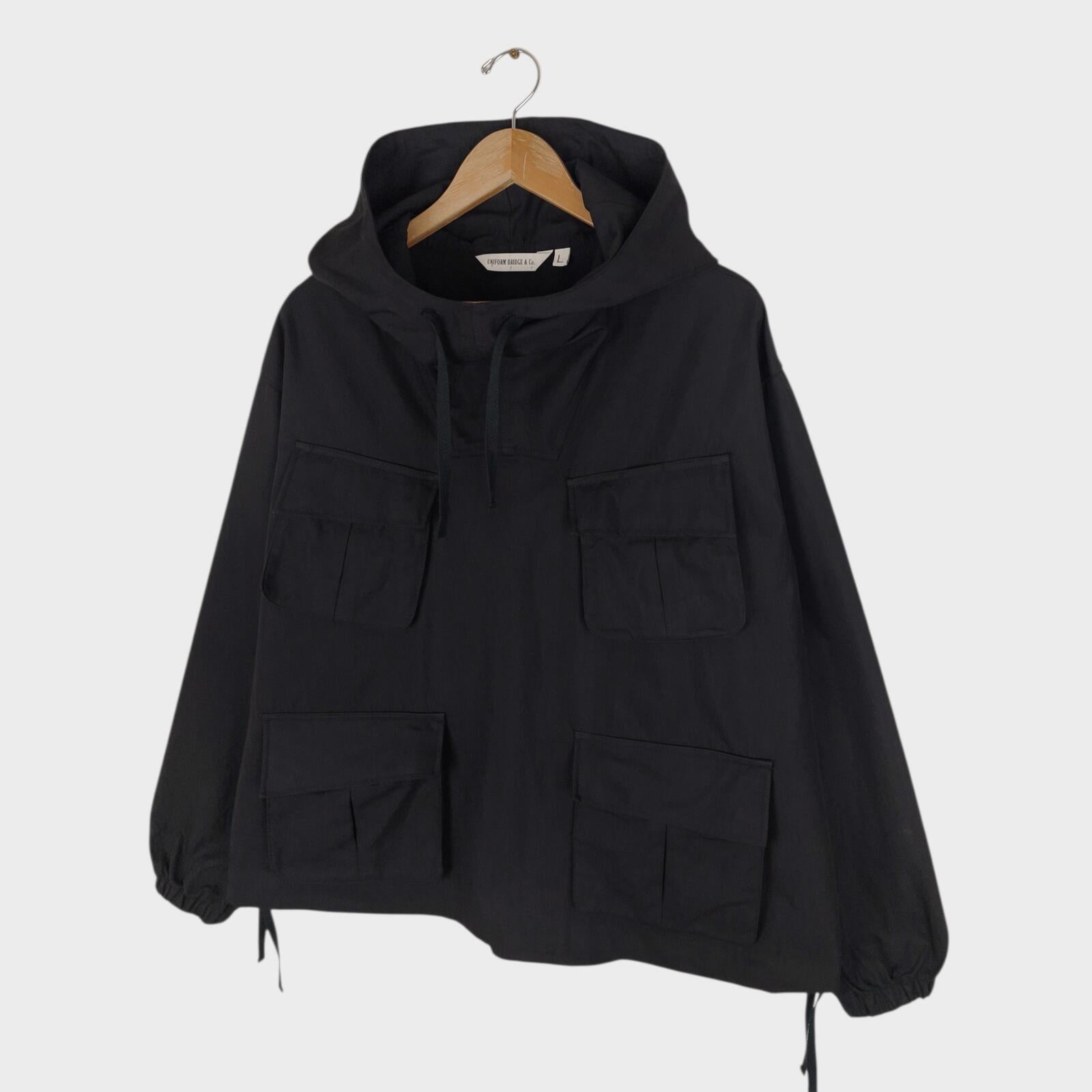 UNIFORM BRIDGE Men's Black Cotton Blend Military Fatigue Hooded Smock Jacket