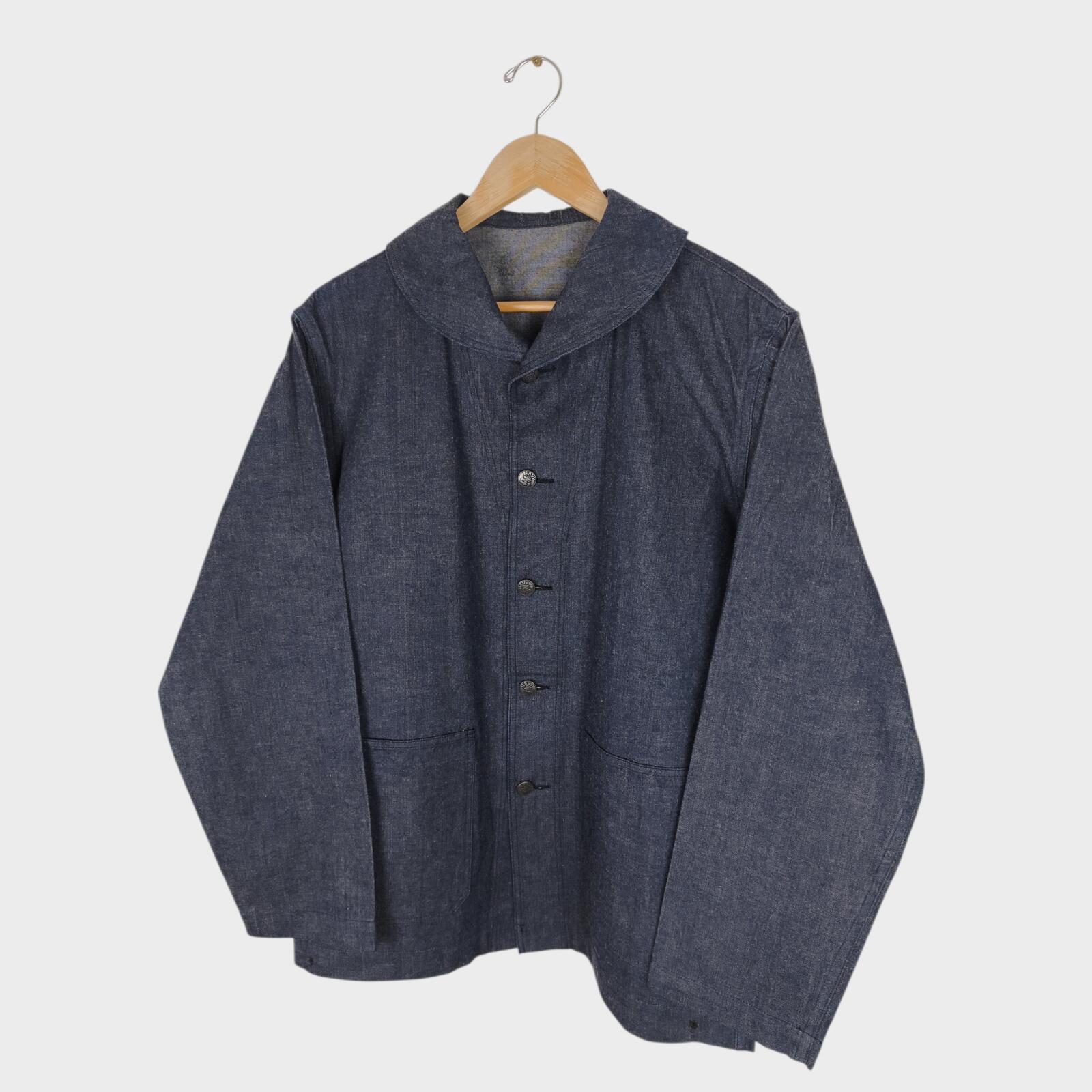 BUZZ RICKSON Men's Made in Japan WW2 USN Blue Denim Shawl Collar Chore Jacket