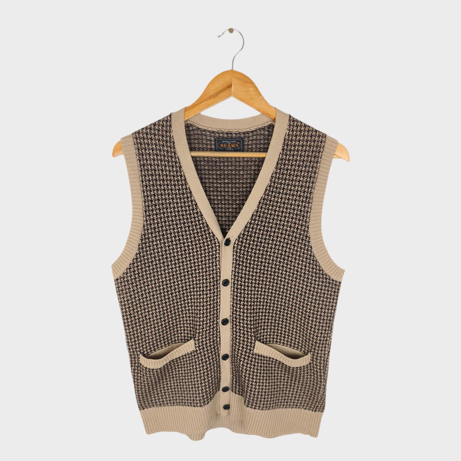 BEAMS PLUS Men's Ramie/Cotton Knitted Dogtooth Vest