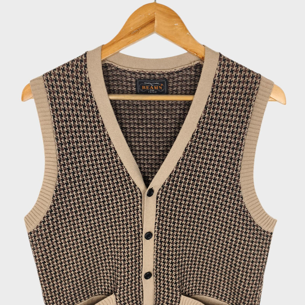 BEAMS PLUS Men's Ramie/Cotton Knitted Dogtooth Vest