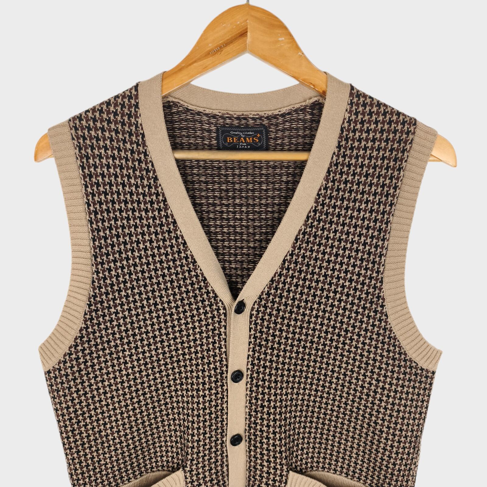 BEAMS PLUS Men's Ramie/Cotton Knitted Dogtooth Vest