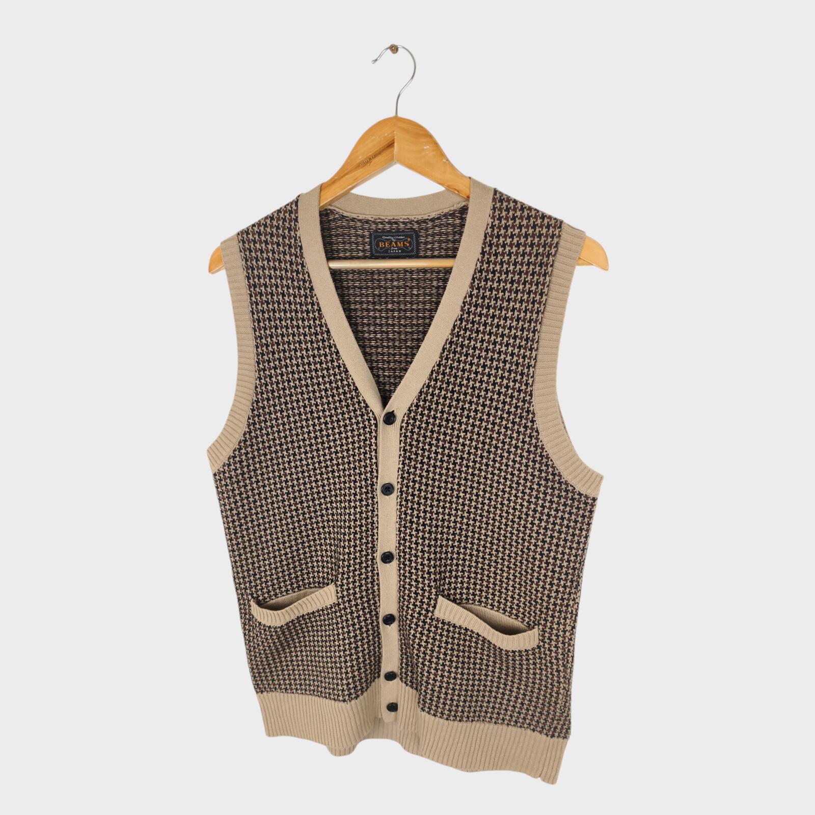 BEAMS PLUS Men's Ramie/Cotton Knitted Dogtooth Vest