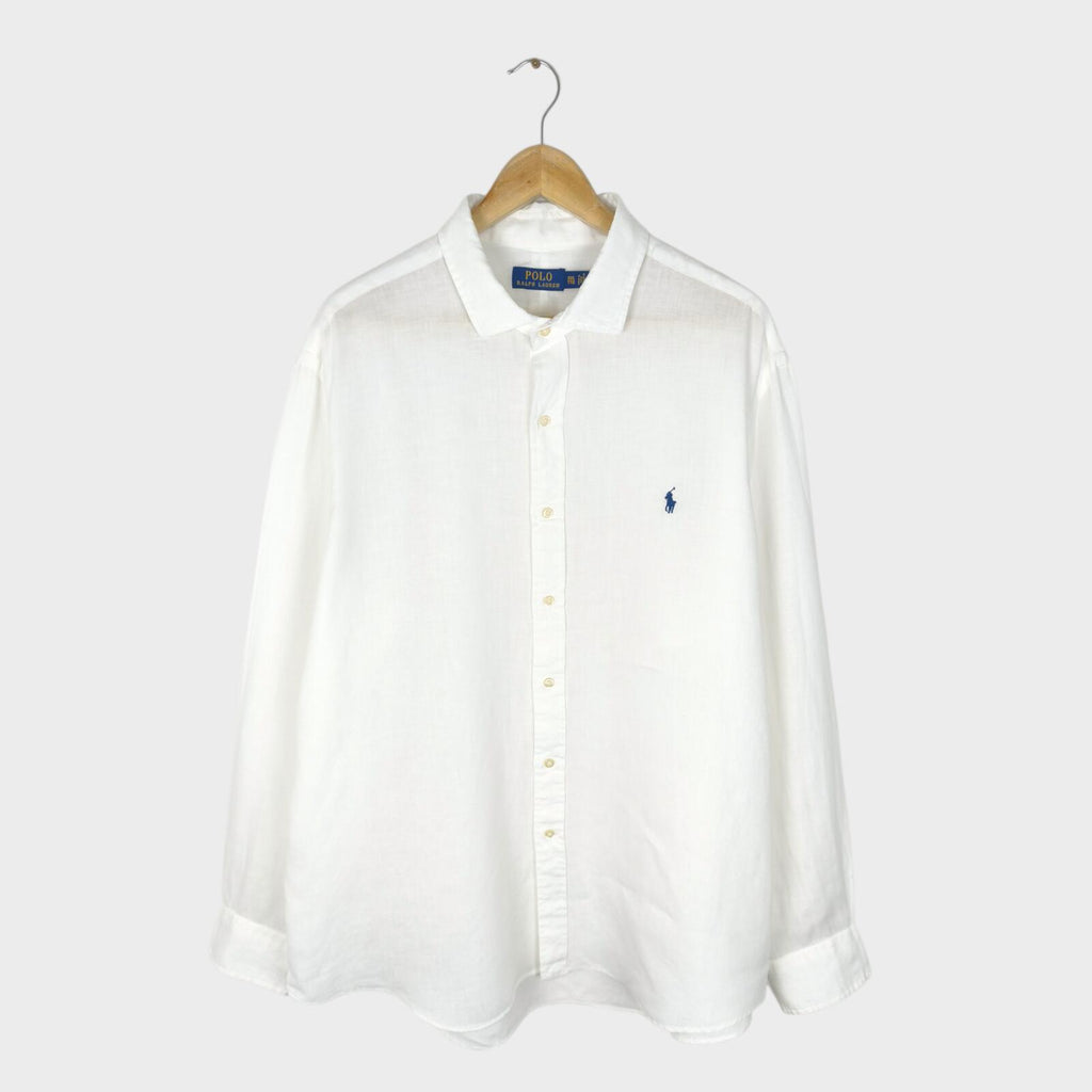 RALPH LAUREN Men's White 100% Linen Embroidered Logo Shirt