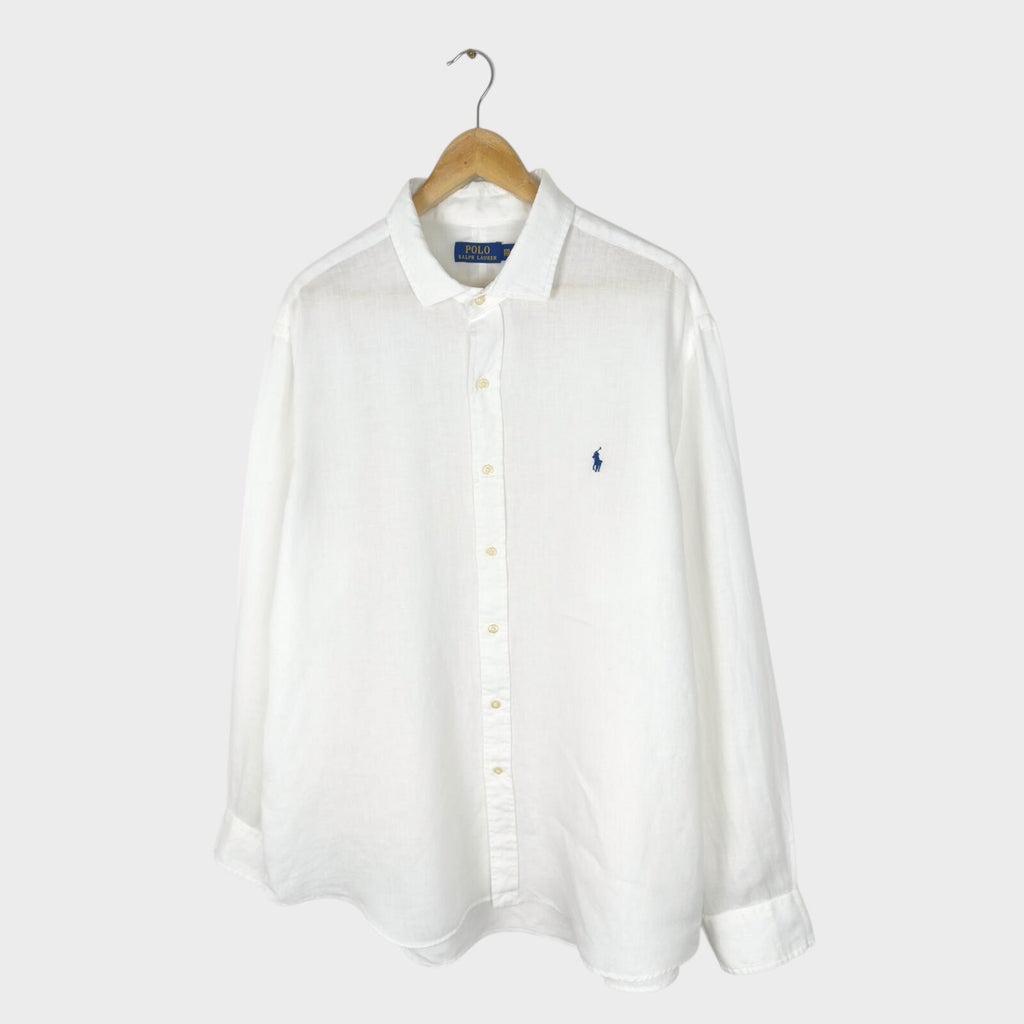 RALPH LAUREN Men's White 100% Linen Embroidered Logo Shirt