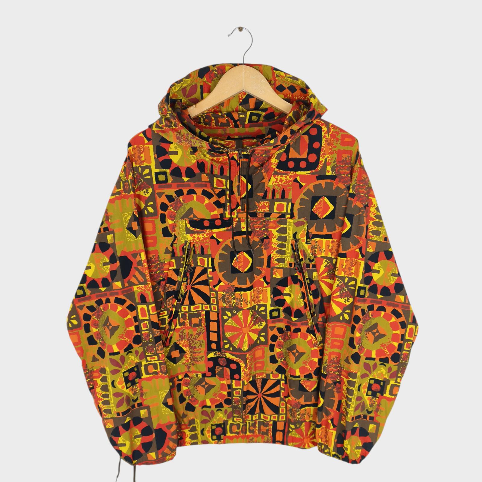 BEAMS PLUS Men's Geometric Print Oversized Fit Smock Anorak Parka Jacket
